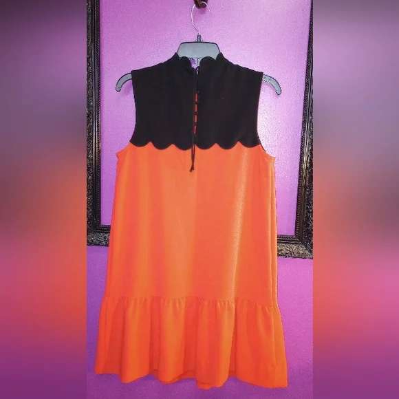 Victoria Beckham Orange and Black Scalloped neck Sleeveless Dress. Ruffle Bottom - Picture 3 of 10